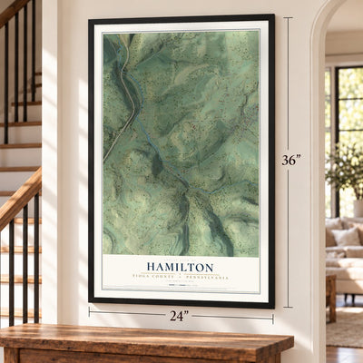 Hamilton, Tioga County, Pennsylvania map, 24 x 36 inch print in a black frame by a staircase