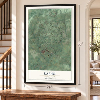 Rapho, Pennsylvania map, 24 x 36 inch print in a black frame by a staircase