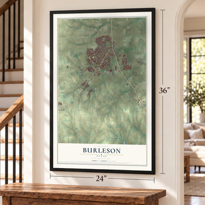 Burleson, Texas map, 24 x 36 inch print in a black frame by a staircase