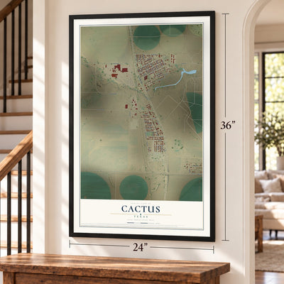 Cactus, Texas map, 24 x 36 inch print in a black frame by a staircase