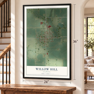Willow Hill, Illinois map, 24 x 36 inch print in a black frame by a staircase