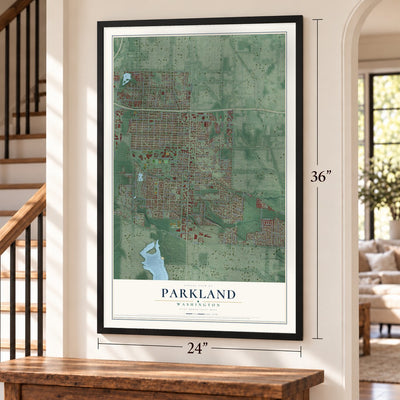 Parkland, Washington map, 24 x 36 inch print in a black frame by a staircase