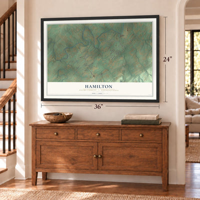 Hamilton, Adams County, Pennsylvania map, 24 x 36 inch print in a black frame above a dresser by a staircase