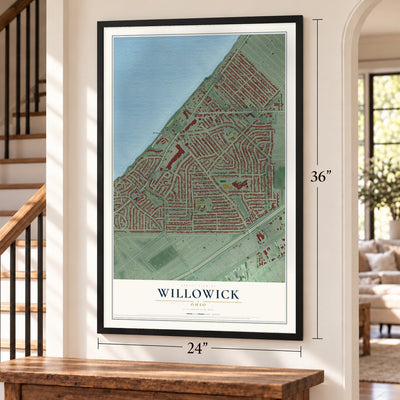 Willowick, Ohio map, 24 x 36 inch print in a black frame by a staircase
