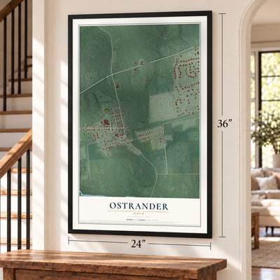 Ostrander, Ohio map, 24 x 36 inch print in a black frame by a staircase