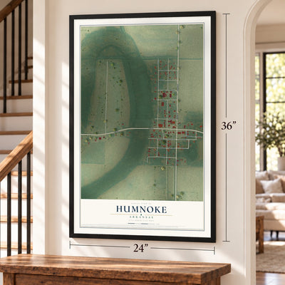 Humnoke, Arkansas map, 24 x 36 inch print in a black frame by a staircase