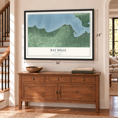 Bay Mills, Michigan map, 24 x 36 inch print in a black frame above a dresser by a staircase