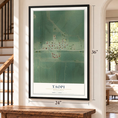Taopi, Minnesota map, 24 x 36 inch print in a black frame by a staircase