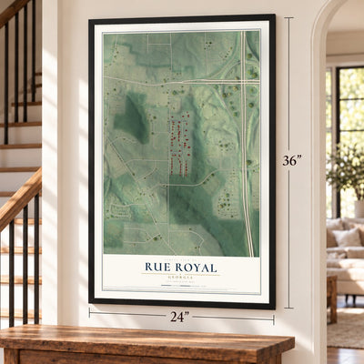 Rue Royal, Georgia map, 24 x 36 inch print in a black frame by a staircase