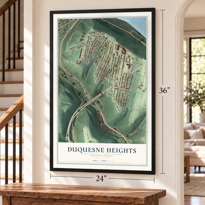 Duquesne Heights, Pennsylvania map, 24 x 36 inch print in a black frame by a staircase