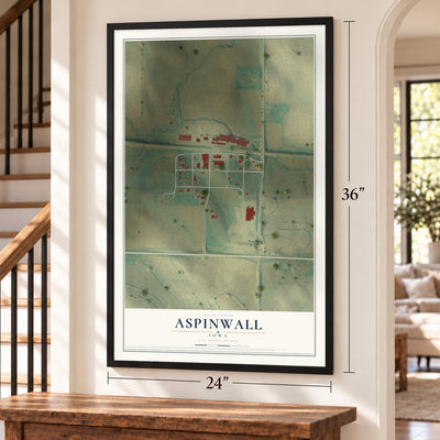 Aspinwall, Iowa map, 24 x 36 inch print in a black frame by a staircase