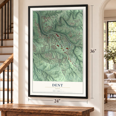 Dent, Ohio map, 24 x 36 inch print in a black frame by a staircase