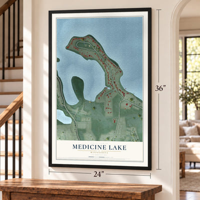 Medicine Lake, Minnesota map, 24 x 36 inch print in a black frame by a staircase
