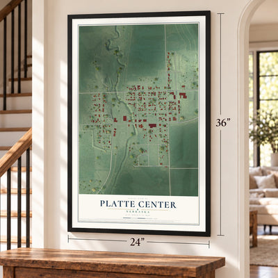 Platte Center, Nebraska map, 24 x 36 inch print in a black frame by a staircase