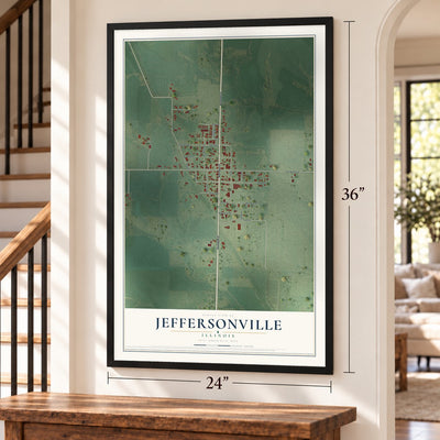 Jeffersonville, Illinois map, 24 x 36 inch print in a black frame by a staircase
