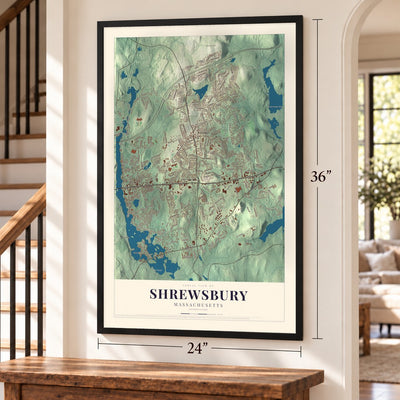 Shrewsbury, Massachusetts map, 24 x 36 inch print in a black frame by a staircase