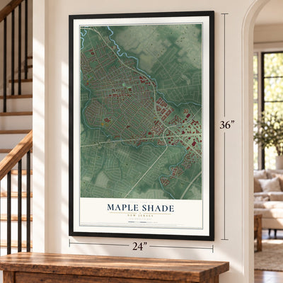 Maple Shade, New Jersey map, 24 x 36 inch print in a black frame by a staircase