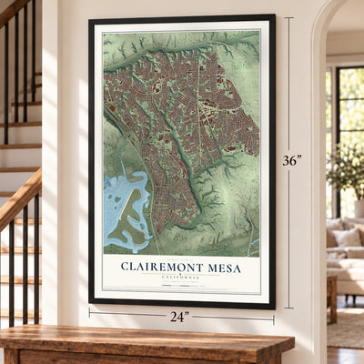 Clairemont Mesa, California map, 24 x 36 inch print in a black frame by a staircase