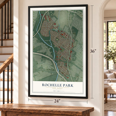 Rochelle Park, New Jersey map, 24 x 36 inch print in a black frame by a staircase