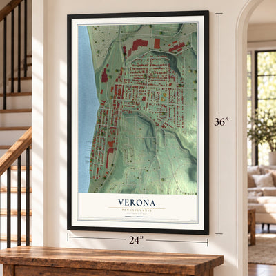 Verona, Pennsylvania map, 24 x 36 inch print in a black frame by a staircase