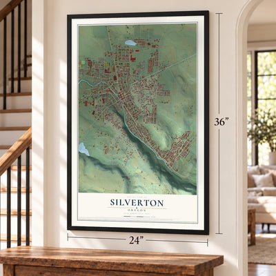 Silverton, Oregon map, 24 x 36 inch print in a black frame by a staircase