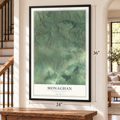 Monaghan, Pennsylvania map, 24 x 36 inch print in a black frame by a staircase