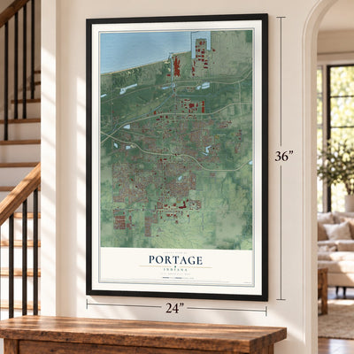 Portage, Indiana map, 24 x 36 inch print in a black frame by a staircase
