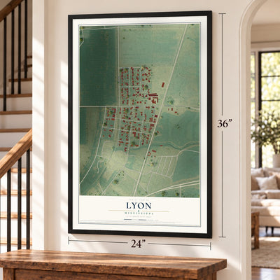 Lyon, Mississippi map, 24 x 36 inch print in a black frame by a staircase
