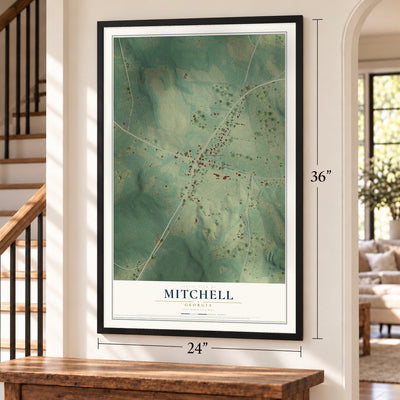 Mitchell, Georgia map, 24 x 36 inch print in a black frame by a staircase