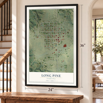 Long Pine, Nebraska map, 24 x 36 inch print in a black frame by a staircase
