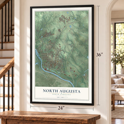 North Augusta, South Carolina map, 24 x 36 inch print in a black frame by a staircase
