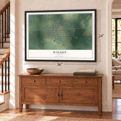 Walnut, Kansas map, 24 x 36 inch print in a black frame above a dresser by a staircase