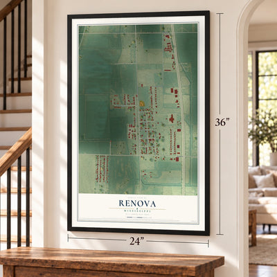 Renova, Mississippi map, 24 x 36 inch print in a black frame by a staircase