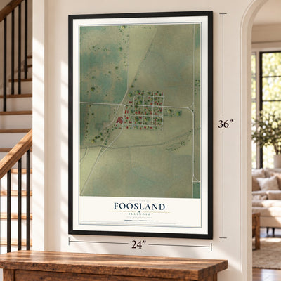 Foosland, Illinois map, 24 x 36 inch print in a black frame by a staircase