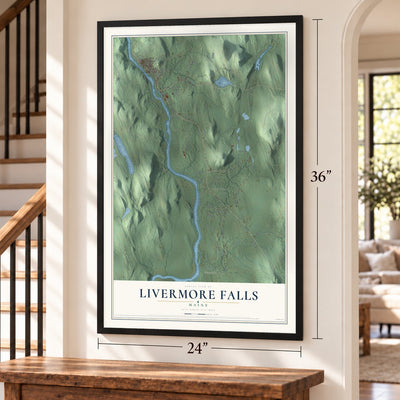 Livermore Falls, Maine map, 24 x 36 inch print in a black frame by a staircase