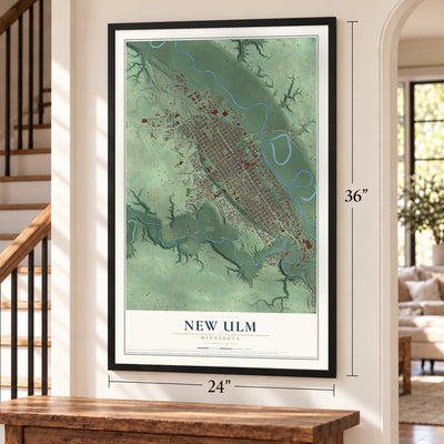 New Ulm, Minnesota map, 24 x 36 inch print in a black frame by a staircase