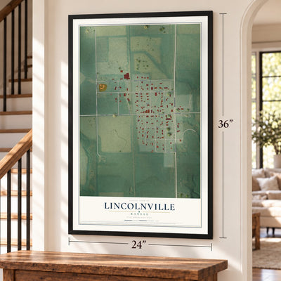 Lincolnville, Kansas map, 24 x 36 inch print in a black frame by a staircase