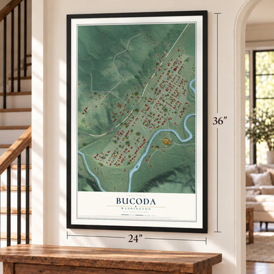 Bucoda, Washington map, 24 x 36 inch print in a black frame by a staircase