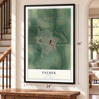 Palmer, Kansas map, 24 x 36 inch print in a black frame by a staircase