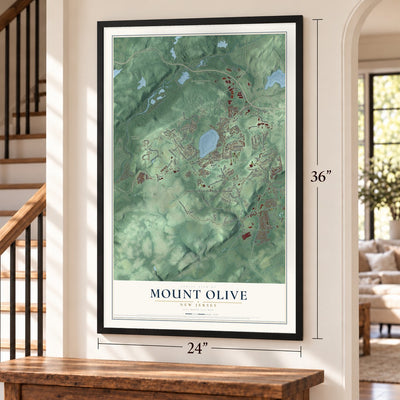 Mount Olive, New Jersey map, 24 x 36 inch print in a black frame by a staircase