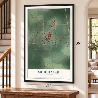 Shuqualak, Mississippi map, 24 x 36 inch print in a black frame by a staircase