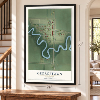 Georgetown, Minnesota map, 24 x 36 inch print in a black frame by a staircase