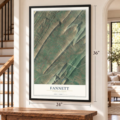 Fannett, Pennsylvania map, 24 x 36 inch print in a black frame by a staircase