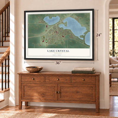 Lake Crystal, Minnesota map, 24 x 36 inch print in a black frame above a dresser by a staircase