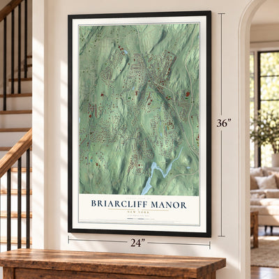 Briarcliff Manor, New York map, 24 x 36 inch print in a black frame by a staircase