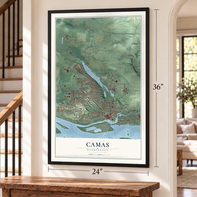 Camas, Washington map, 24 x 36 inch print in a black frame by a staircase
