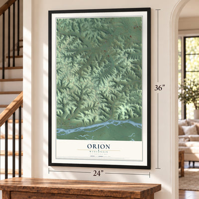 Orion, Wisconsin map, 24 x 36 inch print in a black frame by a staircase