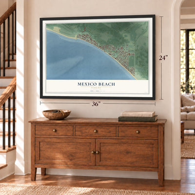 Mexico Beach, Florida map, 24 x 36 inch print in a black frame above a dresser by a staircase