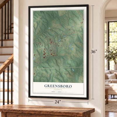 Greensboro, Georgia map, 24 x 36 inch print in a black frame by a staircase