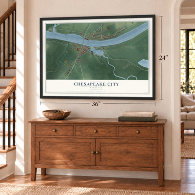 Chesapeake City, Maryland map, 24 x 36 inch print in a black frame above a dresser by a staircase